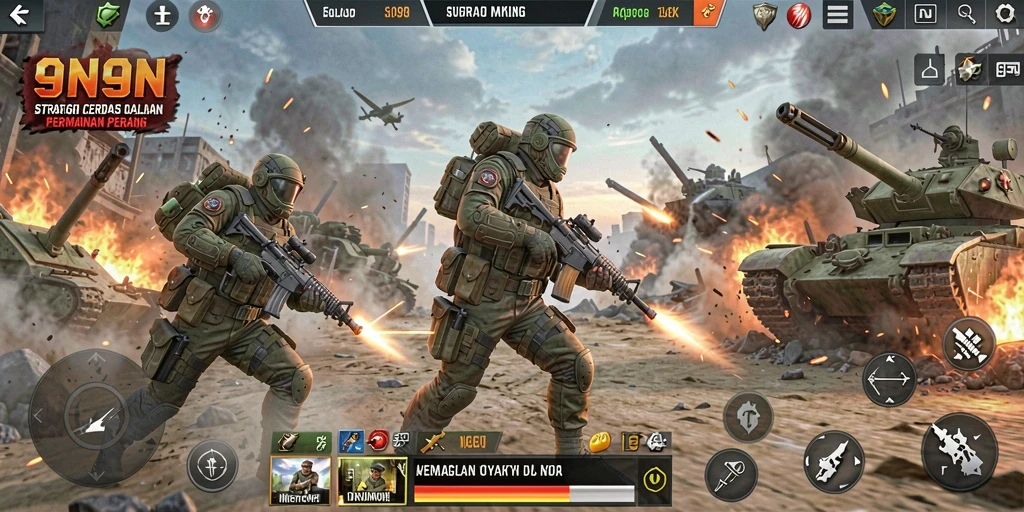 Tampilan gameplay strategis 9N9N dengan pertempuran intens.