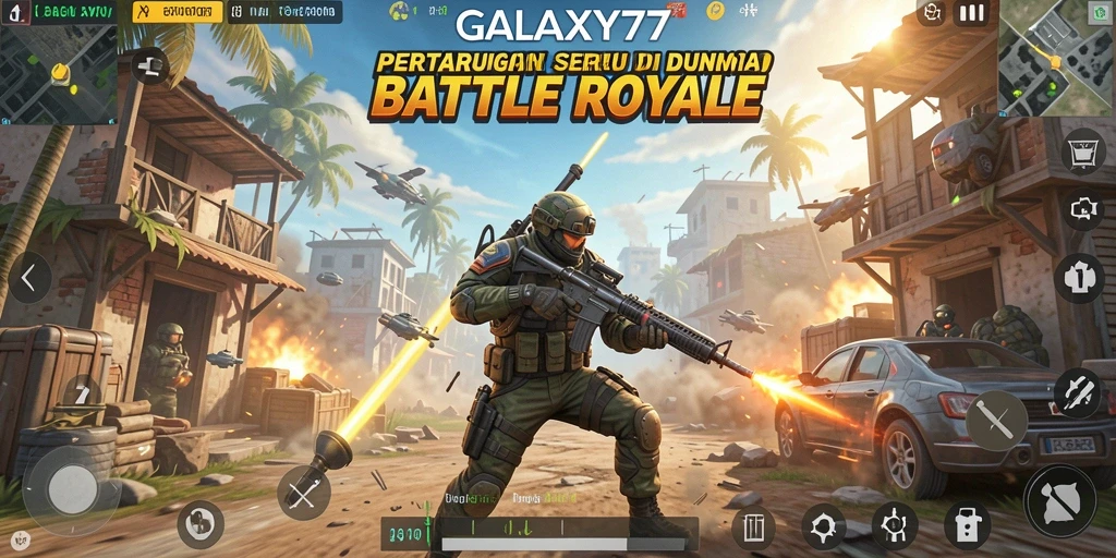 Screenshot gameplay intens di GALAXY77 dengan aksi Battle Royale.