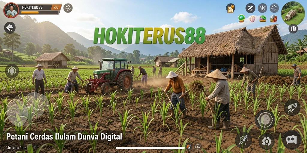 Screenshot HOKITERUS88 menunjukkan petani dalam aksi di lahan hijau.