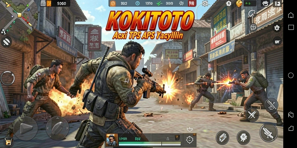 Tampilan aksi seru dalam permainan KOKITOTO, menampilkan gameplay TPS yang mendebarkan.