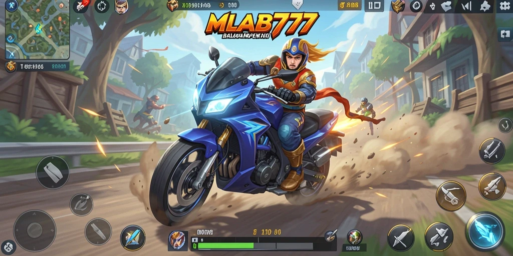 Screenshot gameplay MLBB777 menampilkan balapan motor yang mendebarkan.
