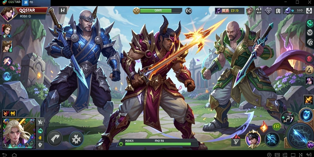 Tampilan gameplay seru di QQSTAR dengan pertempuran MOBA yang mendebarkan.