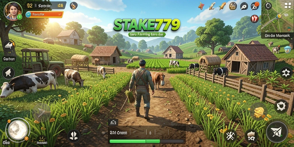 Tampilan gameplay STAKE779 yang menunjukkan aktivitas pertanian yang aktif dan menyenangkan.