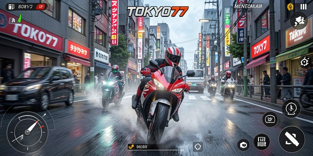 Screenshot gameplay TOKYO77 menampilkan aksi balapan motor yang seru.