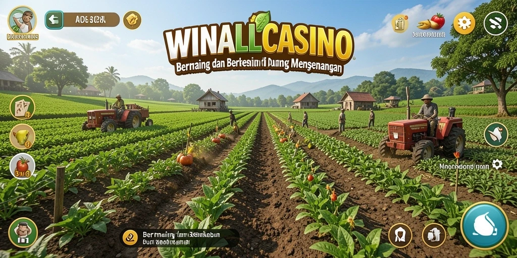 Tampilan gameplay <strong>WINALLCASINO</strong> saat mengelola kebun dengan berbagai aktivitas pertanian.